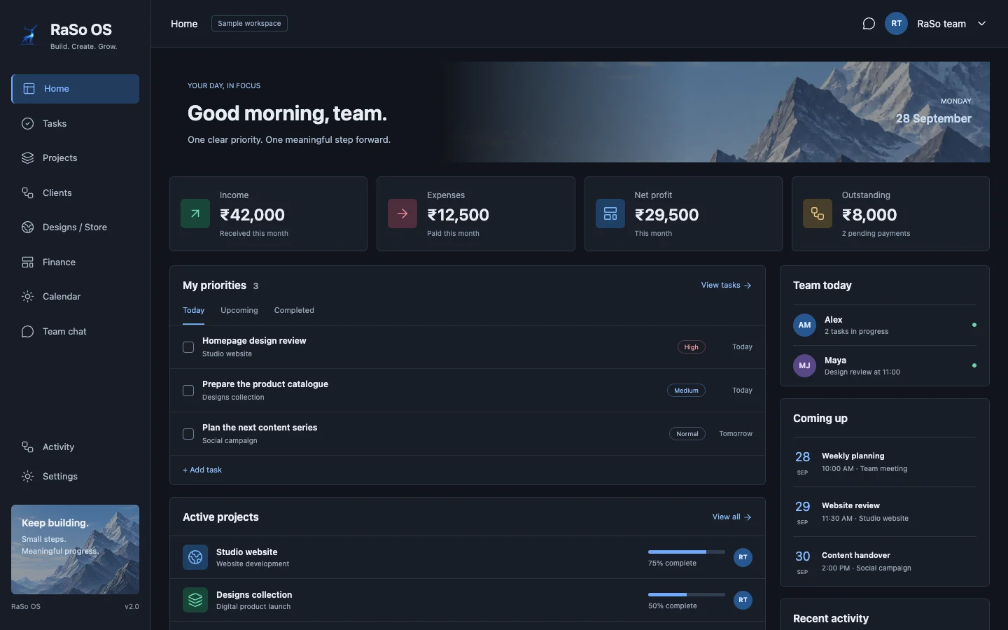 RaSo OS dashboard demo with sample data